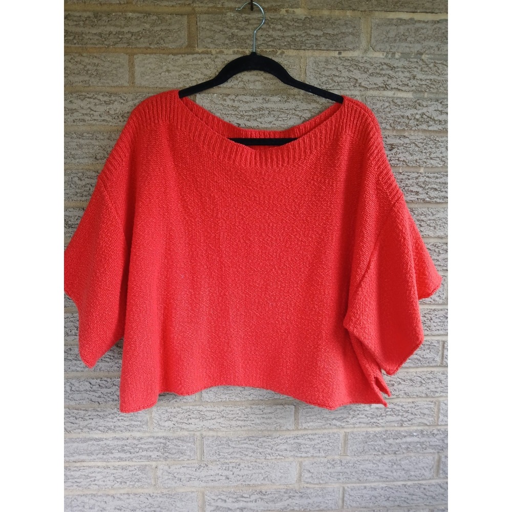 Anthropologie Orange Boat Neck Cropped Short Sleeve Sweater Sz M Boxy Oversized